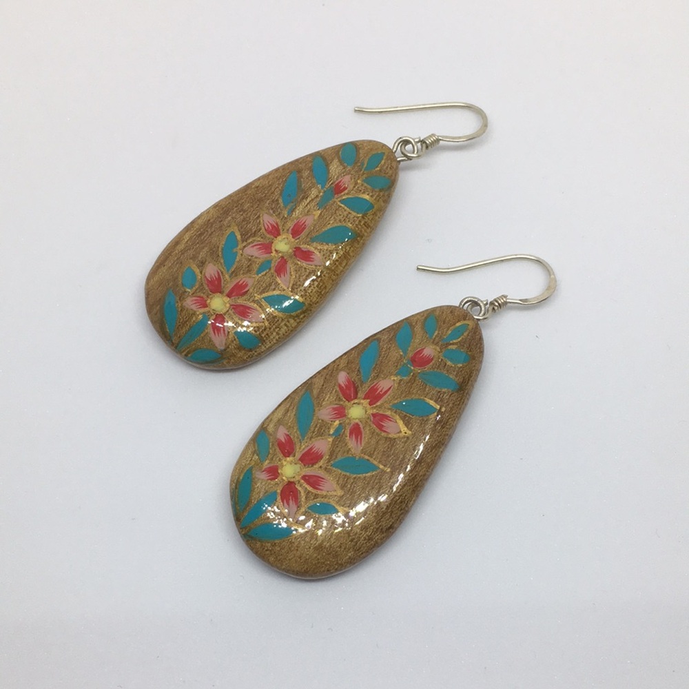 Hand Painted Walnut Wood Sterling Silver Teardrop Earrings Turquoise Pink Floral - Picture 2 of 8
